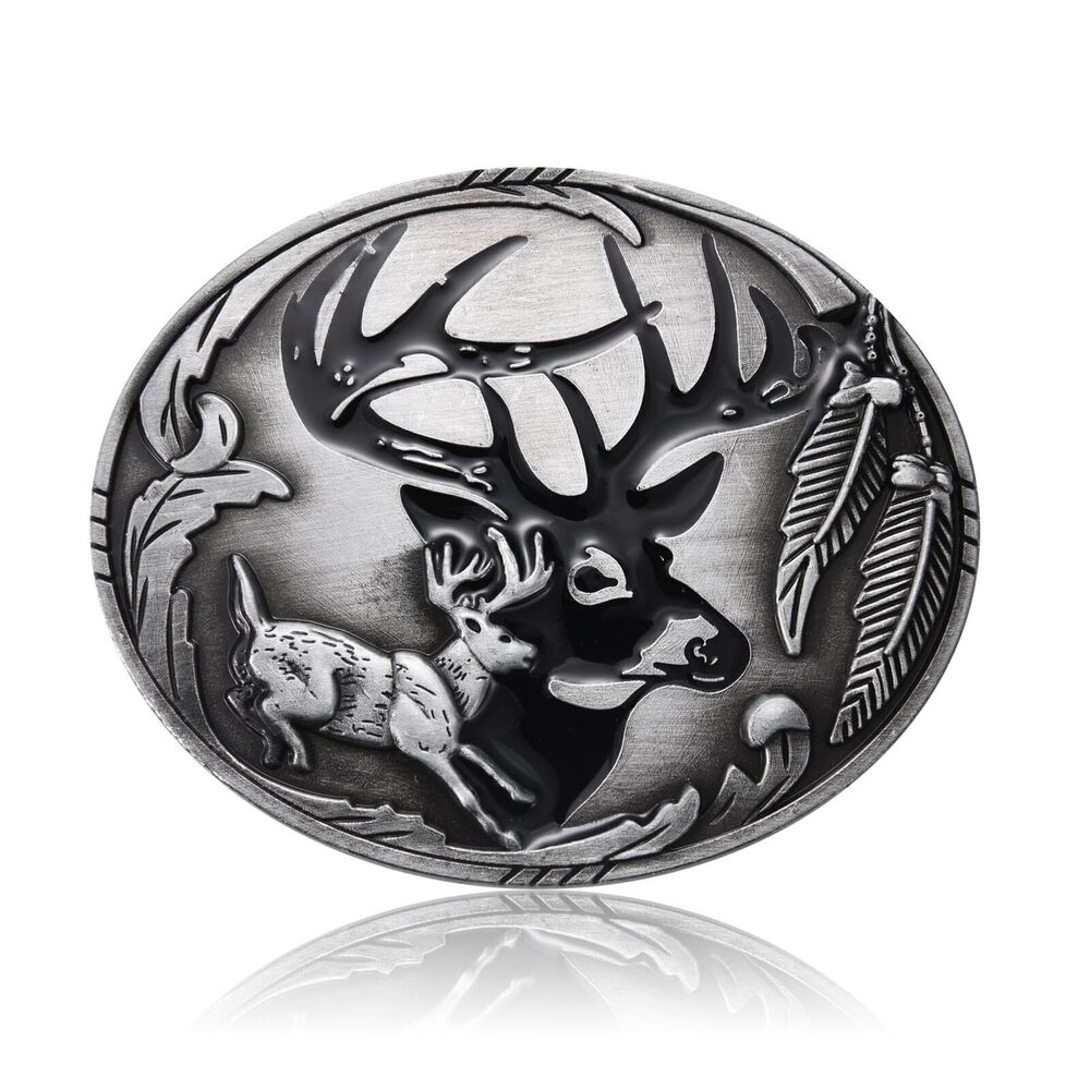 7216 Antique Silver Double Deer Wild Life Western Oval Belt Buckle Cowboy
